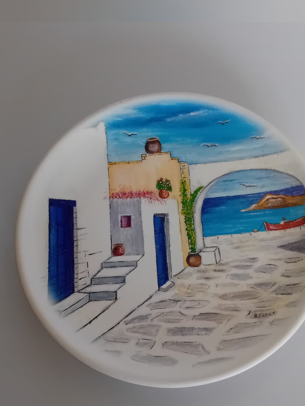 Hand-Painted Coastal Wall Art Plate in Blue and White Made In Greece
